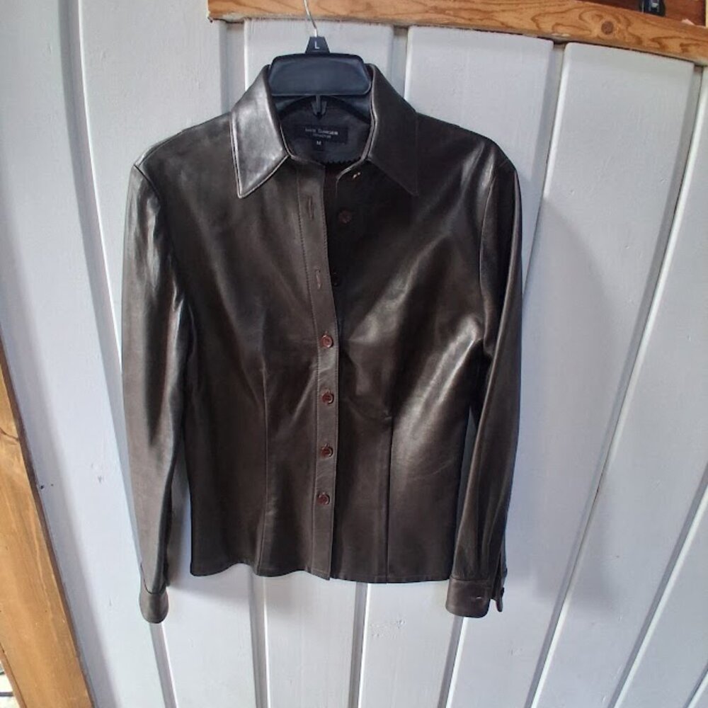 Iris Singer Women's Brown Leather Button Down Shirt Vintage Sz M